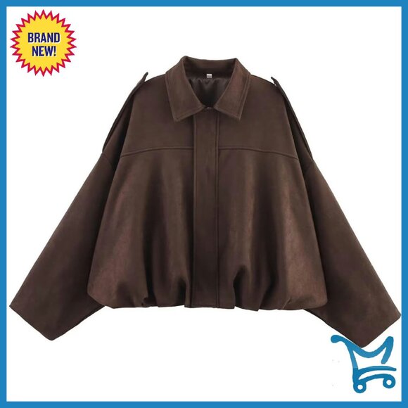 Jackets & Blazers - Oversized Faux Suede Bomber Jacket Lapel Zip Up Streetwear Outerwear